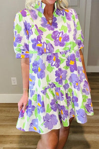 Flirty Women's Purple Floral Mini Dress with Tiered Ruffles, V-Neck, and Short Sleeves – Perfect Summer Style
