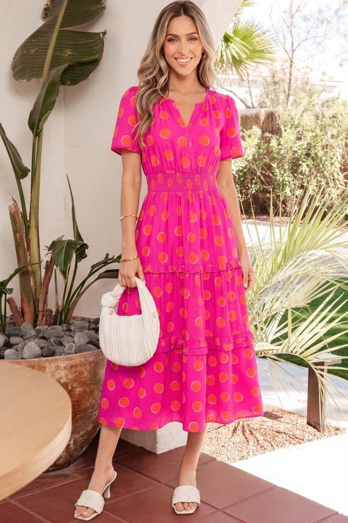 Flirty Women's Rose Polka Dot Midi Dress - Short Sleeve, Shirred High Waist for Effortless Summer Elegance
