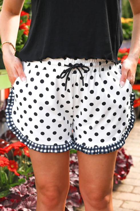 Flirty Women's White Polka Dot Ruffle Trim Shorts - Chic Summer Style with Contrast Details for Effortless Fashion