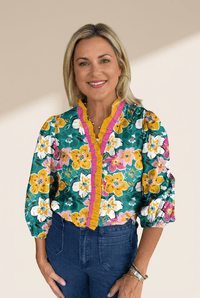 Women's Floral 3/4 Sleeve Blouse with Contrast Ruffle Trim