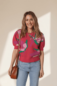 Women's Floral Abstract Short Puff Sleeve Knit Sweater