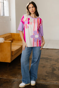 Pink Striped Color Block Flower Patched Half Sleeve Loose Top