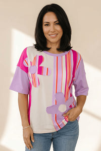 Women's Floral Appliqué Striped Color Block Half-Sleeve Top