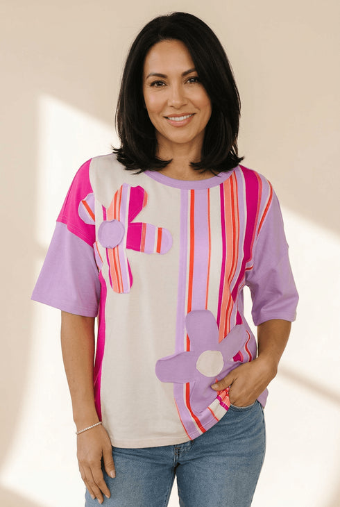 Women's Floral Appliqué Striped Color Block Half-Sleeve Top