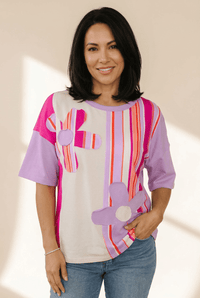 Women's Floral Appliqué Striped Color Block Half-Sleeve Top