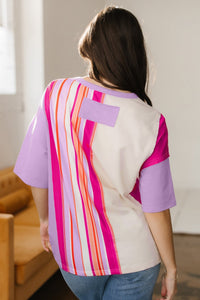 Pink Striped Color Block Flower Patched Half Sleeve Loose Top