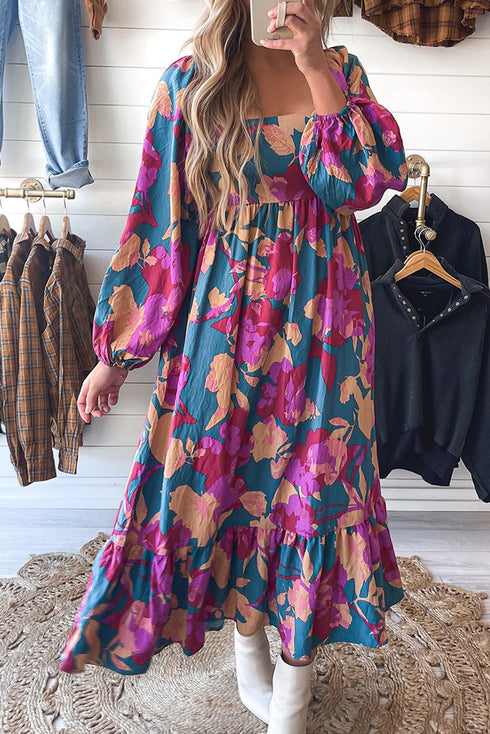 Floral Bliss Square Neck High Waist Midi Dress