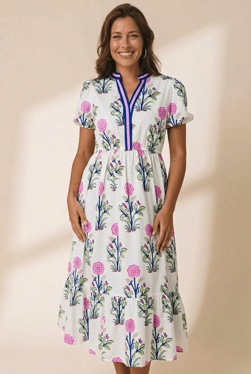 Women's Floral Block Print Maxi Dress with Contrast V-Neck