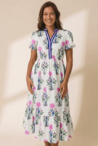 Women's Floral Block Print Maxi Dress with Contrast V-Neck