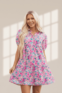 Women's Floral Button-Front Tiered Midi Dress in Pink Bloom