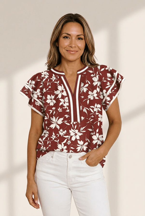 Women's Floral Contrast Split-Neck Blouse with Ruffle Sleeves