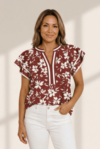 
Women's Floral Contrast Split-Neck Blouse with Ruffle Sleeves