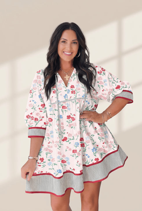 Women's Floral Cotton-Blend Shift Dress with Striped Trim