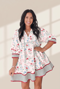 Women's Floral Cotton-Blend Shift Dress with Striped Trim