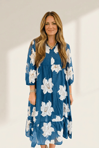 Women's Floral Cotton Midi Dress with V-Neck and Ruffle Hem