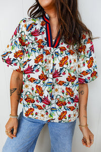 Women's Floral Cotton-Viscose Puff Sleeve Blouse with Grosgrain Neckline
