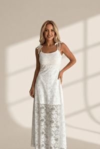 Women's Floral Lace Maxi Dress with Tie Straps in Antique White