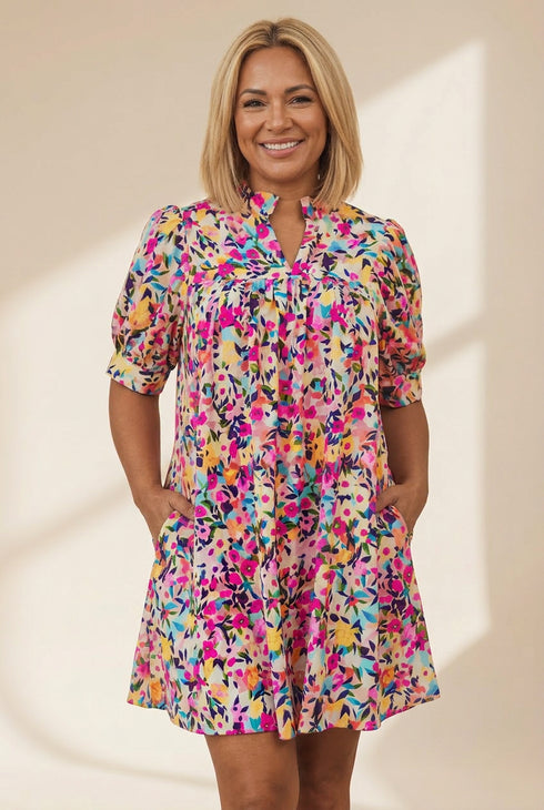 Women's Floral Mandarin Collar Mini Dress with Puff Sleeves