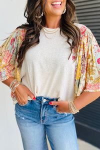 Women's Floral Patchwork Batwing Sleeve Blouse in Beige