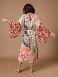 Floral Peacock Print Long Sleeve Loose Swim Robe Beach Cover Up Coat