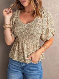 Floral Pleated V-Neck Chiffon Blouse With Puff Sleeves For Women