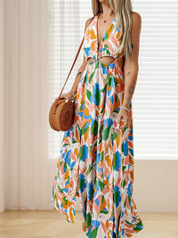 Temperament Print Waist V Neck Midi Dress