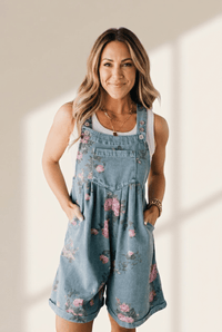 Women's Floral Print Denim Shortalls in Chambray Blue
