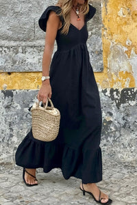 Women's Smocked Cotton V-Neck Maxi Dress with Flutter Sleeves