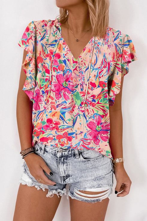 Floral Print Ruffle Sleeve V Neck Summer Top