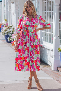 Floral Print V-Neck Zip-Up Half Sleeve Dress for Women - Stylish, Vibrant Rose Design for a Flattering Fit