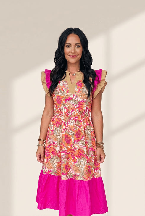 Women's Floral Ruffle Sleeve Color Block Midi Dress