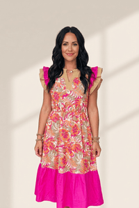Women's Floral Ruffle Sleeve Color Block Midi Dress