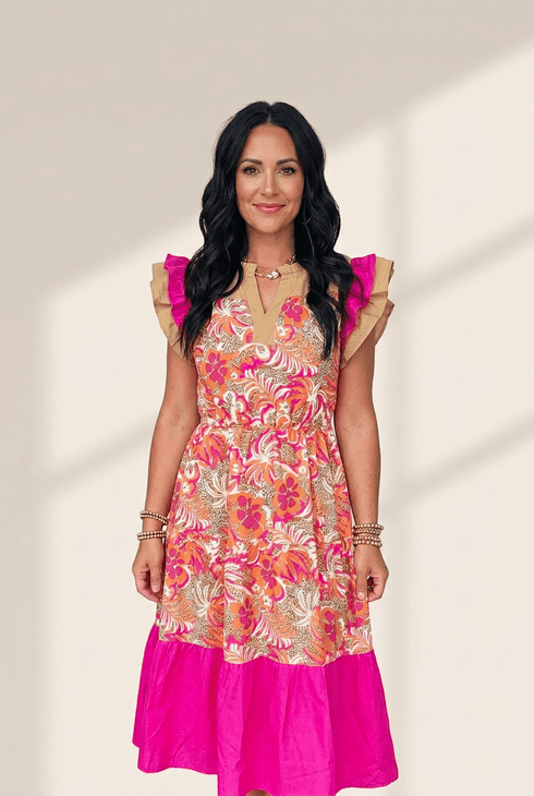 womens-casual-summer-midi-dress-with-ruffled-short-sleeves-stylish-rose-floral-color-block-design-for-everyday-wear
