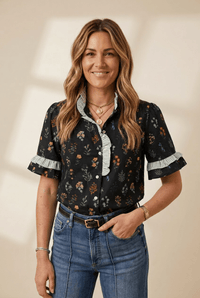 Women's Floral Ruffle Trim Cotton-Viscose Short Sleeve Blouse