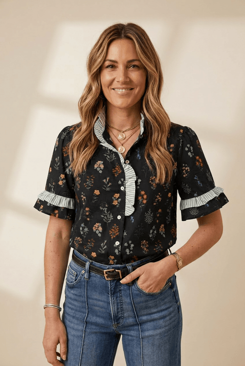 Women's Floral Ruffle Trim Cotton-Viscose Short Sleeve Blouse
