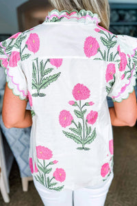 Pink Wild Flower Print Contrast Trim Scallop Detail Short Sleeve Blouse