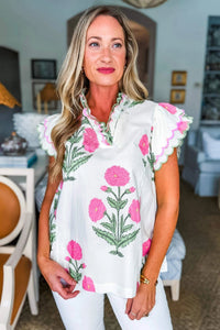 Pink Wild Flower Print Contrast Trim Scallop Detail Short Sleeve Blouse
