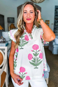 Pink Wild Flower Print Contrast Trim Scallop Detail Short Sleeve Blouse