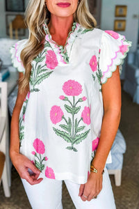 Women's Floral Scallop Trim Blouse in Pink Wildflower Print