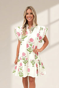 Women's Floral Scalloped V-Neck Mini Dress with Drop Waist