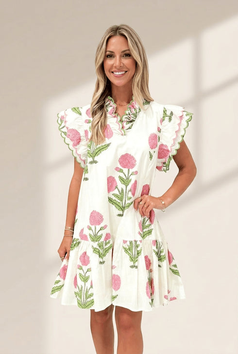 Women's Floral Scalloped V-Neck Mini Dress with Drop Waist