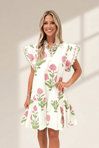 Women's Floral Scalloped V-Neck Mini Dress with Drop Waist