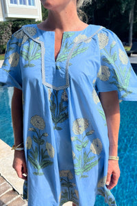Women's Floral Sky Blue Mini Dress with Striped Split Neck