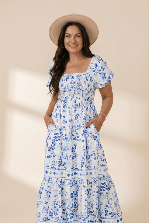 Women's Floral Smocked Maxi Dress with Puff Sleeves in Sky Blue