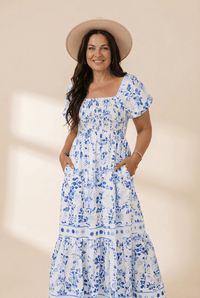 Women's Floral Smocked Maxi Dress with Puff Sleeves in Sky Blue