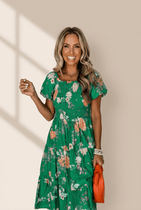 Women's Floral Smocked Midi Dress with Tiered Skirt