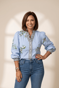 Women's Floral and Striped Ruffle V-Neck Cotton Blouse with practical styling and dependable silhouette control.