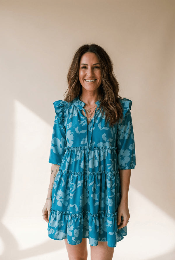 Women's Floral Tiered Ruffle Mini Dress in Cerulean Blue