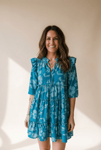 Women's Floral Tiered Ruffle Mini Dress in Cerulean Blue