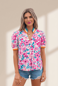 Women's Floral V-Neck Blouse with Colorblock Trim